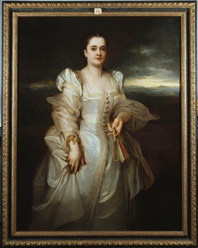 Portræt af en dame iført en hvid kjole broderet med perler af Adolphe Joseph Thomas Monticelli