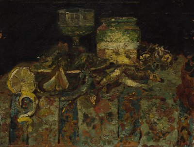 Stilleben: Østers, fisk, ca. 1880 af Adolphe Joseph Thomas Monticelli