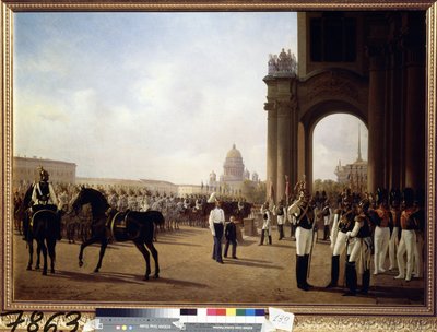 Militærparade på Slotspladsen i Sankt Petersborg (Parade på Slotspladsen i Sankt Petersborg). Maleri af Adolphe Ladurner (1798-1856), olie på lærred af Adolphe Ladurner