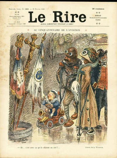 Illustration af Adolphe dit Willette (1857-1926) til forsiden af Le Rire, 26/02/10 - Ved 50-års jubilæet for luftfart - Luftfart, Mode, Hat, Ulykker Katastrofer af Adolphe Leon Willette