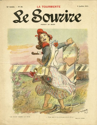 Illustration af Adolphe dit Willette (1857-1926) til forsiden af ​​Le Smile, nr. 28, 09/07/14 - Slaget i ryggen - Nationalisme, Franske Revolution, krigen mellem 14-18 første mus, Grænser - Marianne af Adolphe Leon Willette
