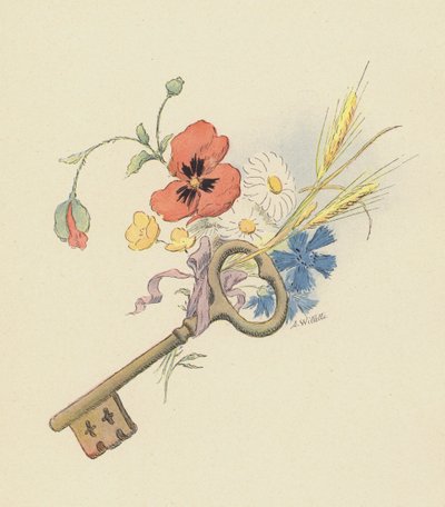 Nøgle og blomster (farve litho) af Adolphe Leon Willette