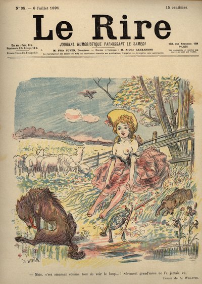 Rødhætte - hyrdinde topløs, rødhætte - Men det er sjovt som alle andre at se ulven...! Bedstemor har nok aldrig set ham. Tegning af A. Willette til Latteren Numero 35, 6. juli af Adolphe Leon Willette