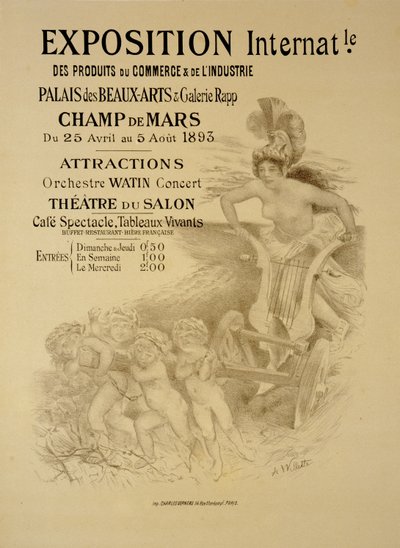 Gengivelse af en plakat, der reklamerer for en international udstilling af kommercielle og industrielle produkter, Palais des Beaux-Arts og Galerie Rapp, Champ de Mars, Paris, 1893 af Adolphe Leon Willette