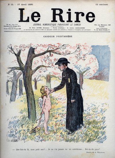 Spring Candeur - I en skov af blomster, en præst, der strøg ansigtet på et nøgent barn, og gemmer bag hans ryg en bue og pil og et par vinger. Uden at vide, at han er Amor, spørger han, om han er ny, da ingen nogensinde har set ham til katekismus - illustr af Adolphe Leon Willette