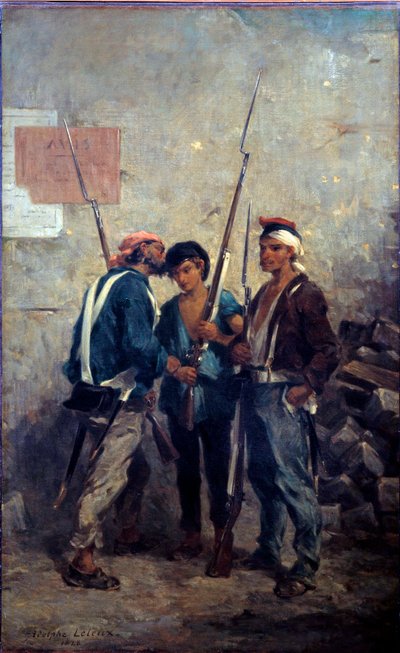 Revolution af 1848: "" sloganet"""" Parisiske oprørere passerede ordet nær barrikaderne på dagen den 24/02/1848. Maleri af Adolphe Pierre Leleux (1812-1891) 1848 søn. 0,93x0,58 m af Adolphe Pierre Leleux