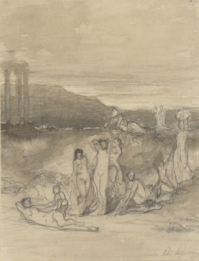 Klassisk landskab med liggende, stående og siddende nøgenfigurer og en tempelruin af Adolphe René Lefèvre