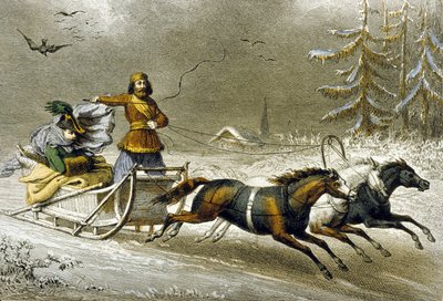 En slæde i sneen, Rusland (farvegravering) af Adolphe Rouargue