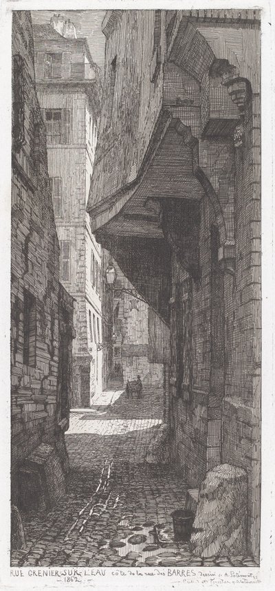 Rue Grenier ved vandet, ved siden af ​​rue des Barres af Adolphe Théodore Jules Martial Potémont