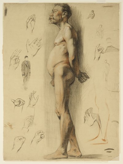 Livstegning af en skægget mand (kridt på papir) af Adolphe Valette