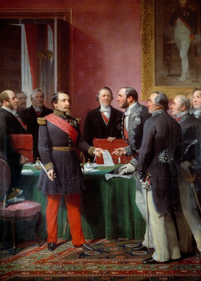 Kejser Napoleon III (1808-1873) overgav til baron Georges Haussmann (1809-1891) dekretet om annektering af nabokommunerne i juni 1859 af Adolphe Yvon