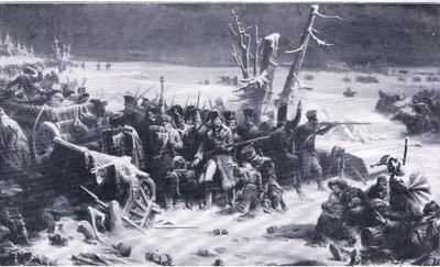 Marshal Ney støtter bagvagten under tilbagetoget fra Moskva, illustration fra Landmarks in European History udgivet af Gresham Publishing Co, ca. 1920 (litho) af Adolphe Yvon