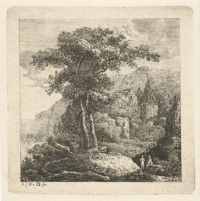 Bjerglandskab med træer, slot og to figurer af Adriaan Jacob Willem van Dielen