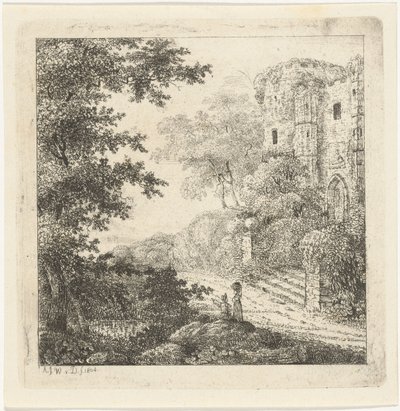 Landskab med figurer ved ruinerne af et slot af Adriaan Jacob Willem van Dielen