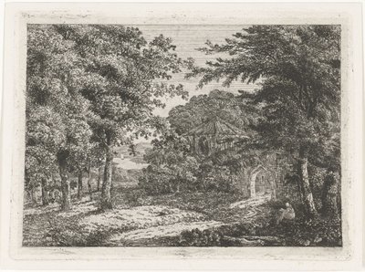Landskab med kapel blandt træer og munkelæsning af Adriaan Jacob Willem van Dielen