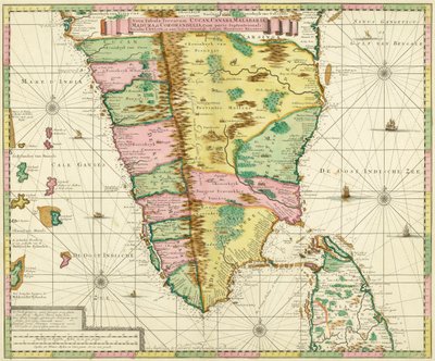 Kort over det sydlige Indien og Ceylon, efter et værk lavet omkring 1720 af den hollandske kartograf Adriaan Reland af Adriaan Reland