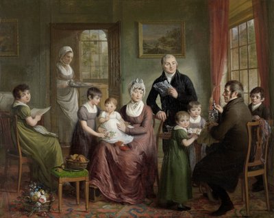 Portræt af Adrianus Bonebakkers familie med Dirk L. Bennewitz Portræt af familien til Adrianus Bonebakker og hans partner D.L. Bennewitz af Adriaan de Lelie (signed by artist)