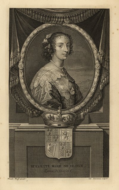 Henrietta Maria Ranskasta, Englannin kuninkaan Kaarle I:n vaimo. Henriette Marie de France. Mekossa pitsikaulus, helmikaulakoru. Kruunu ja vaakuna. Charles Simonneaun kuparikaiverrus Adriaen van der Werffin mukaan Isaac de Larreyn teoksesta H af Adriaan van der (after) Werff