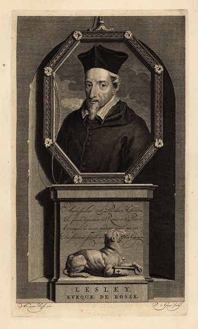 John Lesley, skotsk historiker og biskop af Ross. biskop af Rosse. Hund med nøgle. Kobberstik af Pieter Stevens van Gunst efter Adriaen van der Werff fra Isaac de Larreys Histoire d