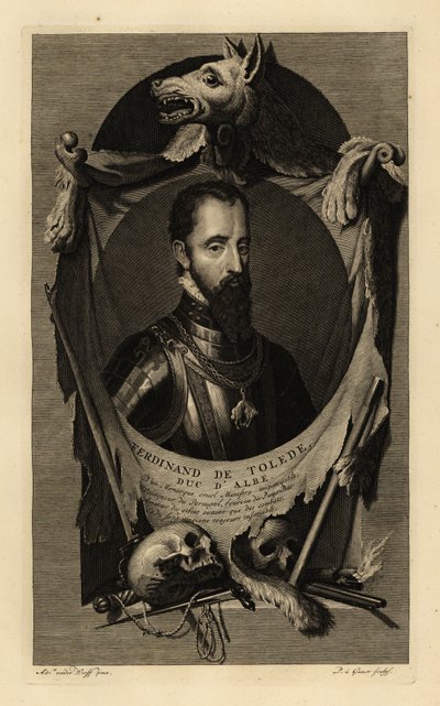 Portræt af Ferdinand Alvarez de Toledo y Pimentel, 3. hertug af Alba, eller jernhertugen. I rustning med kæde af orden af det gyldne skind. Med ulveskind, menneskekranier, sværd, dolk og flintlåspistol. Ferdinand de Tolede, Duc d
