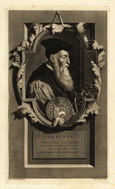 Portræt af Stephen Gardiner, biskop af Winchester og politiker. Med våbenskjold. Kobberstik af Pieter Stevens van Gunst efter Adriaen van der Werff fra Isaac de Larreys Histoire d