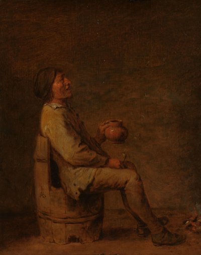 Mand siddende med et rør og en kande i et interiør af Adriaen Brouwer (possibly copy after)