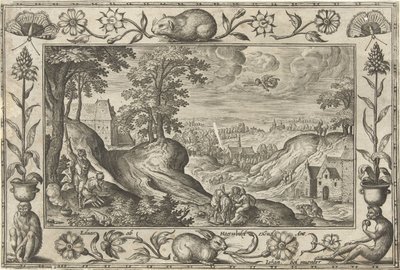 Abraham ofrer Isak Landskaber med bibelske, mytologiske scener og jagtscener (serietitel) af Adriaen Collaert