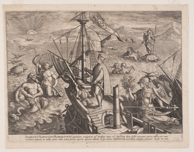Amerigo Vespucci på sit skib, fra Americae Retectio (Opdagelsen af Amerika) af Adriaen Collaert