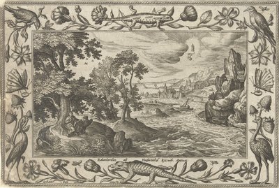Apostlen Johannes på Patmos Landskaber med bibelske, mytologiske scener og jagtscener (serietitel) af Adriaen Collaert