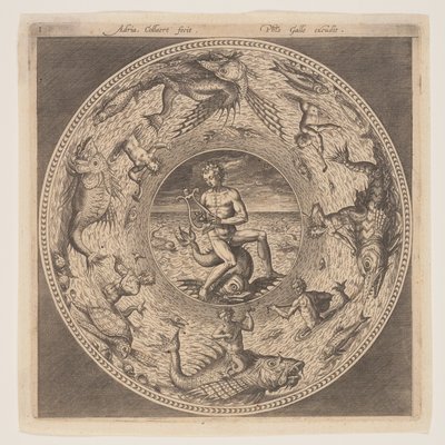 Arion på en delfin omgivet af en kant dekoreret med havdyr, fra et sæt design til tallerkener (Fonds de Coupe) af Adriaen Collaert