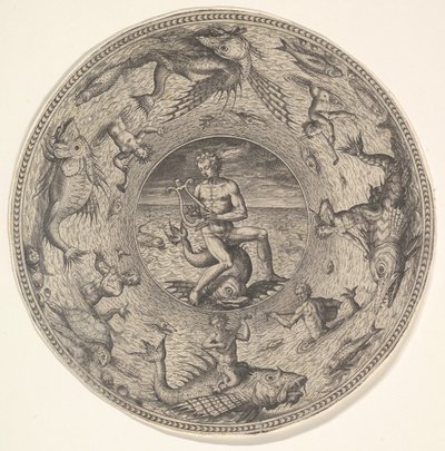 Arion på en delfin omgivet af en grænse dekoreret med havdyr, fra et sæt af..., 1580-1600. af Adriaen Collaert