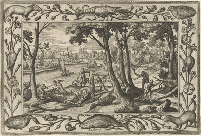 bjørnejagt Landskaber med bibelske, mytologiske scener og jagtscener (serietitel) af Adriaen Collaert