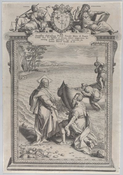 Kristus kalder Sankt Andreas, som knæler foran ham på en strand, og Sankt Peter, der klatrer..., 1590. af Adriaen Collaert