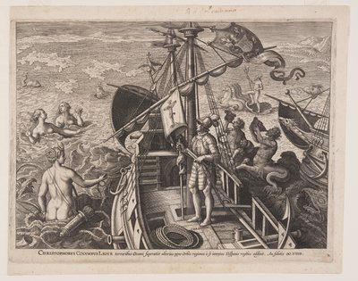 Christoffer Columbus på sit skib, fra Americae Retectio (Opdagelsen af Amerika) af Adriaen Collaert