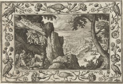 Daniel i løvens hule Landskaber med bibelske, mytologiske scener og jagtscener (serietitel) af Adriaen Collaert