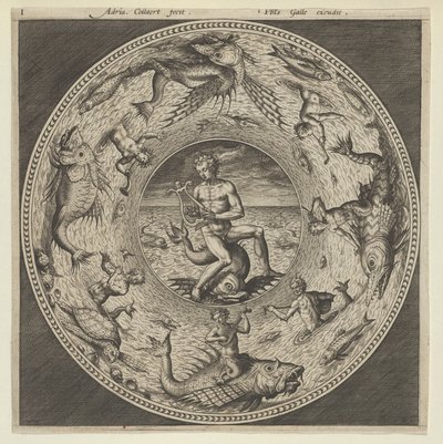Design til en tallerken med Arion, der rider på en delfin i en medaljon omkranset af havmonstre..., c1600. af Adriaen Collaert