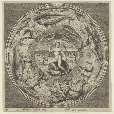 Design til en tallerken med Galatea på en skal flankeret af trompetister i en medaljonkant..., c1600. af Adriaen Collaert