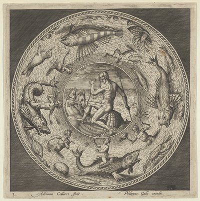 Design til en tallerken med Neptun i en skal tegnet af heste i en medaljon omkranset af ..., c1600. af Adriaen Collaert