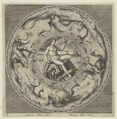 Design til en tallerken med Thetis på en skal i en medaljon omkranset af havmonstre, c1600. af Adriaen Collaert