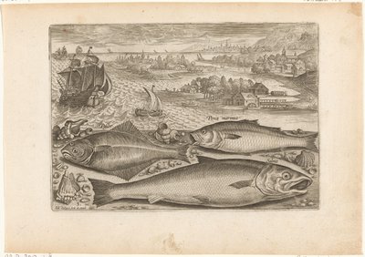 Tre fisk på stranden Fiskeri (serietitel) Piscium vivae-ikoner (serietitel) af Adriaen Collaert