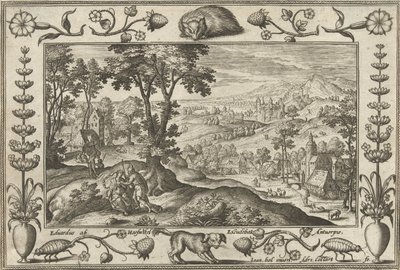 Juda og Tamar Landskaber med bibelske, mytologiske scener og jagtscener (serietitel) af Adriaen Collaert