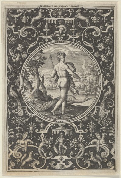 Juno i en dekorativ ramme med grotesker, fra dommen i Paris, ca. 1580-..., c1580-1600. af Adriaen Collaert
