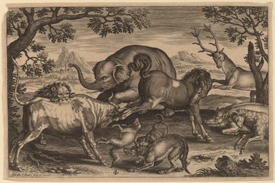 Løve, tyr, ræv, ulv, hund, boer, ged, hest, elefant og hjorte af Adriaen Collaert
