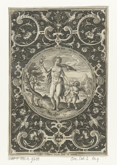 Medaljon med Venus og Amor i en grotesk ramme med blomster, guirlander, dyr og mascarons Medaljoner med figurer fra Judgment of Paris (serietitel) af Adriaen Collaert