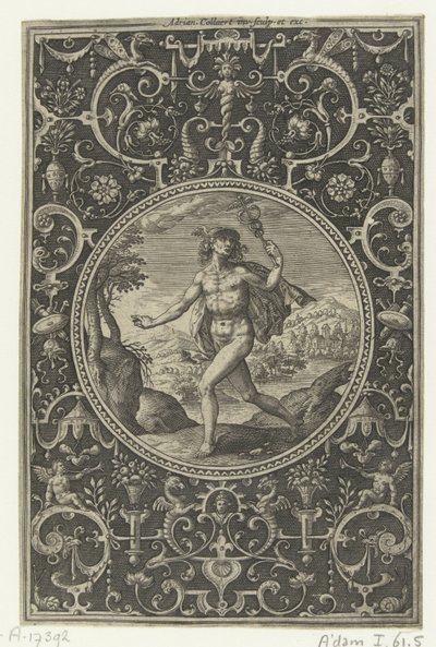 Medaljon hvori Mercury med sin stav i hånden Medaljoner med figurer fra Judgment of Paris (serietitel) af Adriaen Collaert