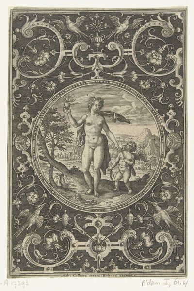 Medaljon hvori Venus med Paris-æblet i hånden og Amor ved sin side Medaljoner med figurer fra Judgment of Paris (serietitel) af Adriaen Collaert