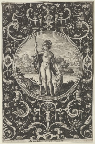 Minerva i en dekorativ ramme med grotesker, fra dommen i Paris, c1580-1600. af Adriaen Collaert
