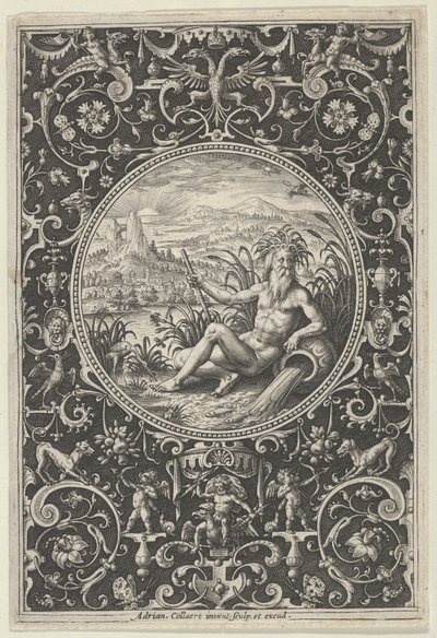 Neptun i en dekorativ ramme med grotesker, fra dommen i Paris, c1580-1600. af Adriaen Collaert