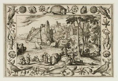 Faraos datter finder Moses, fra Landskaber med scener fra Det Gamle og Det Nye Testamente og Jagtscener af Adriaen Collaert