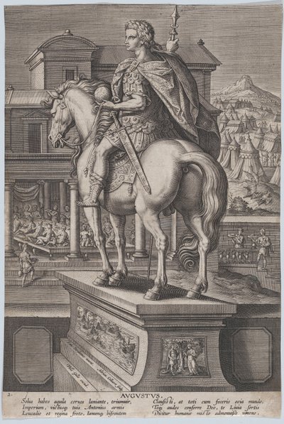 Plade 2: rytterstatue af Augustus, der holder en globus og set bagfra, med ..., ca. 1587-89. af Adriaen Collaert